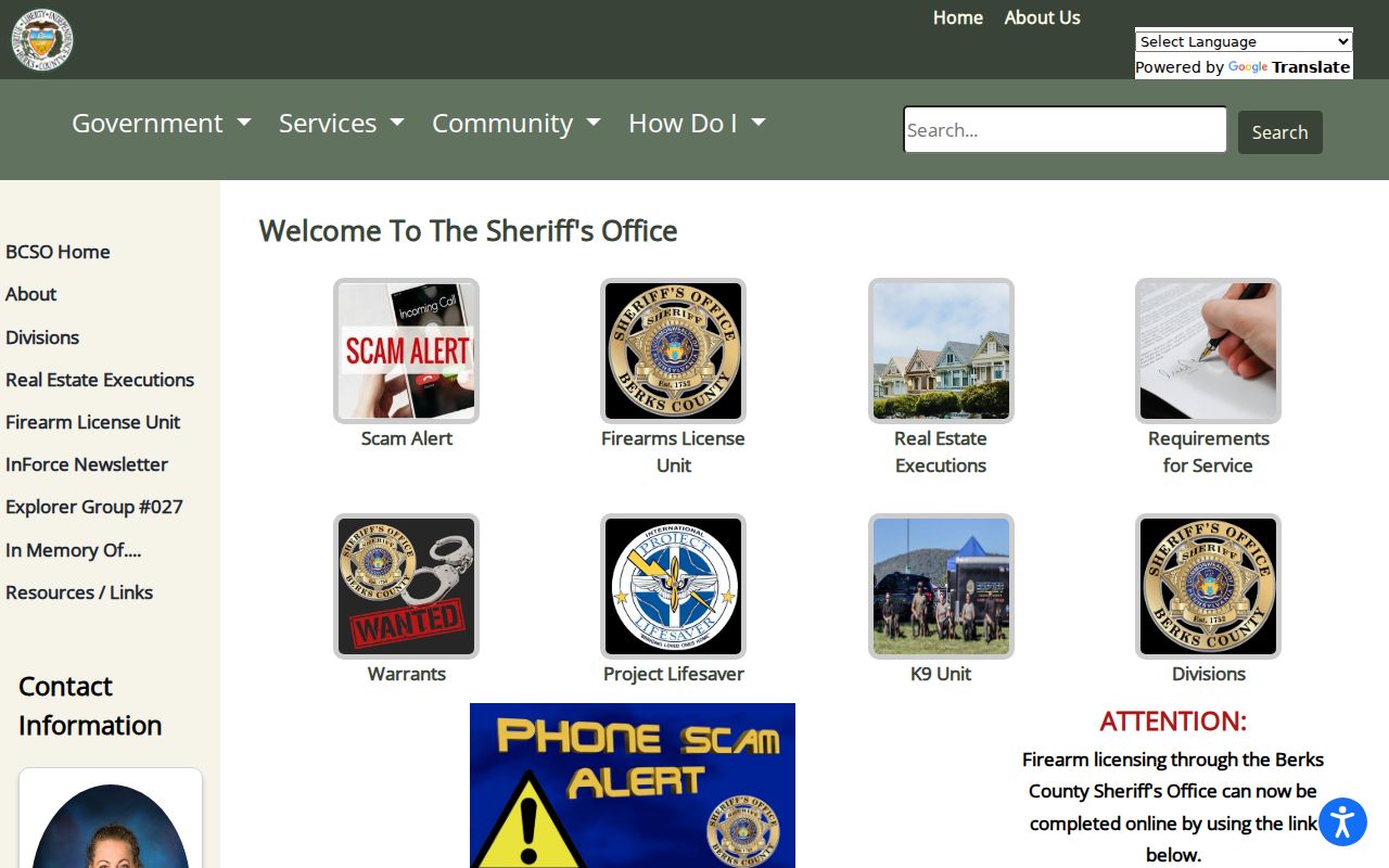Berks County arrest search Sheriff office page