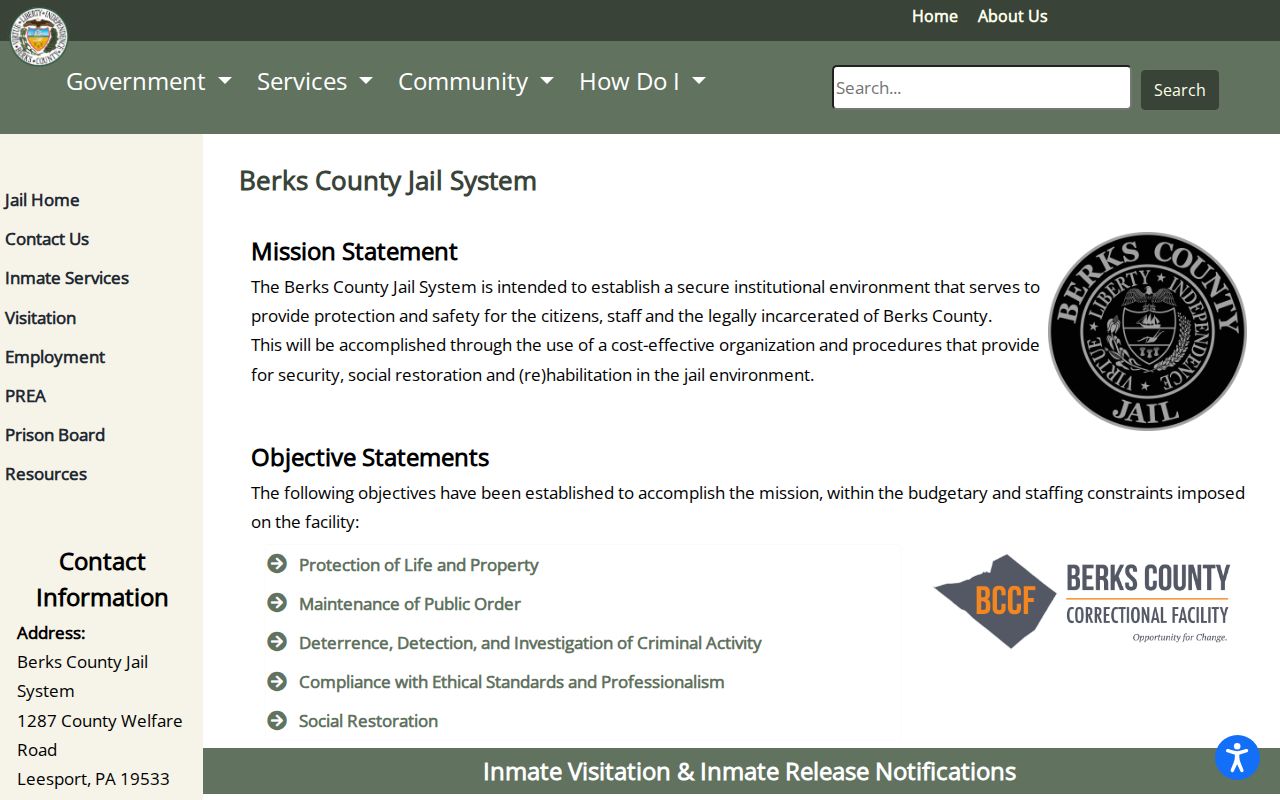 Berks County arrest records jail locator page