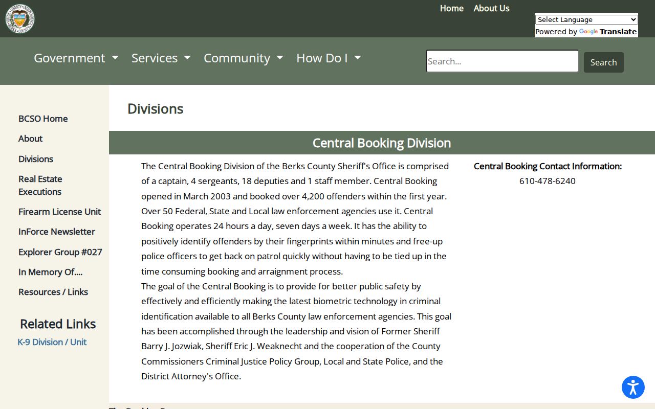 Berks County arrest search Central Booking divisions