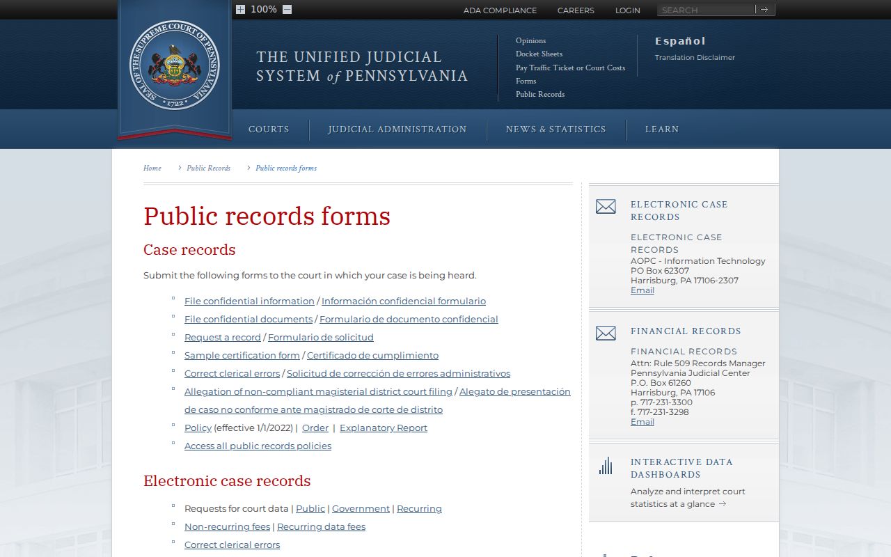 Pennsylvania court record request and correction forms page