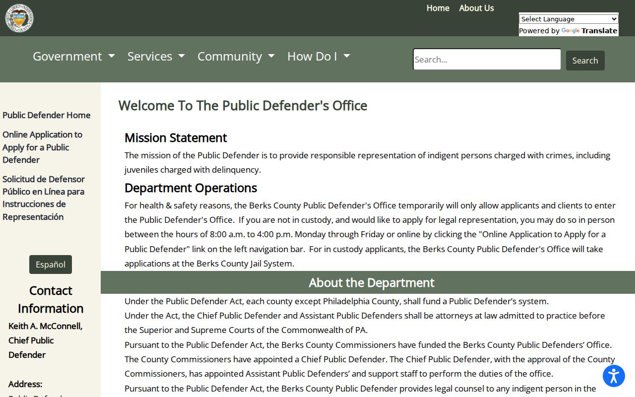 Berks County Public Defender official services page