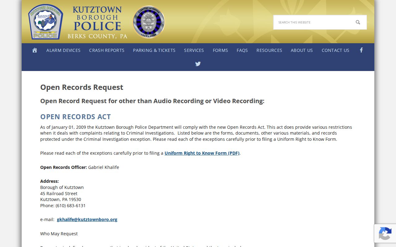 Kutztown Police open-records and Act 22 request page