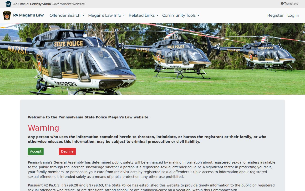 Pennsylvania State Police Megan's Law ZIP search interface for Berks County