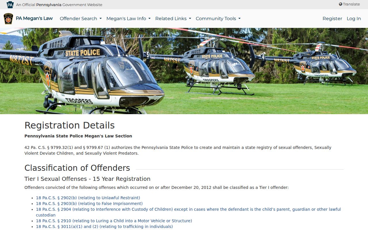 Pennsylvania Megan's Law registration classifications and duties page