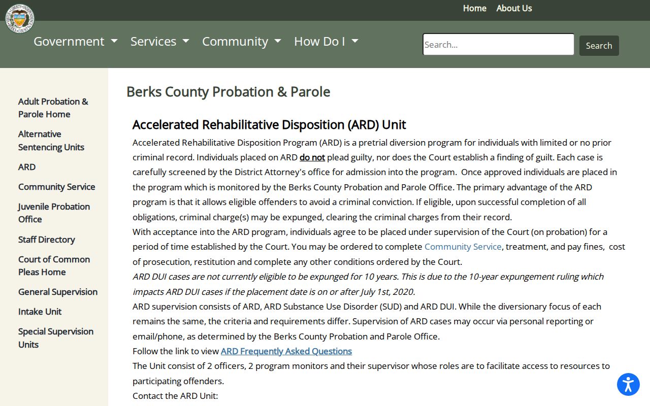 Berks County criminal history ARD and expungement program