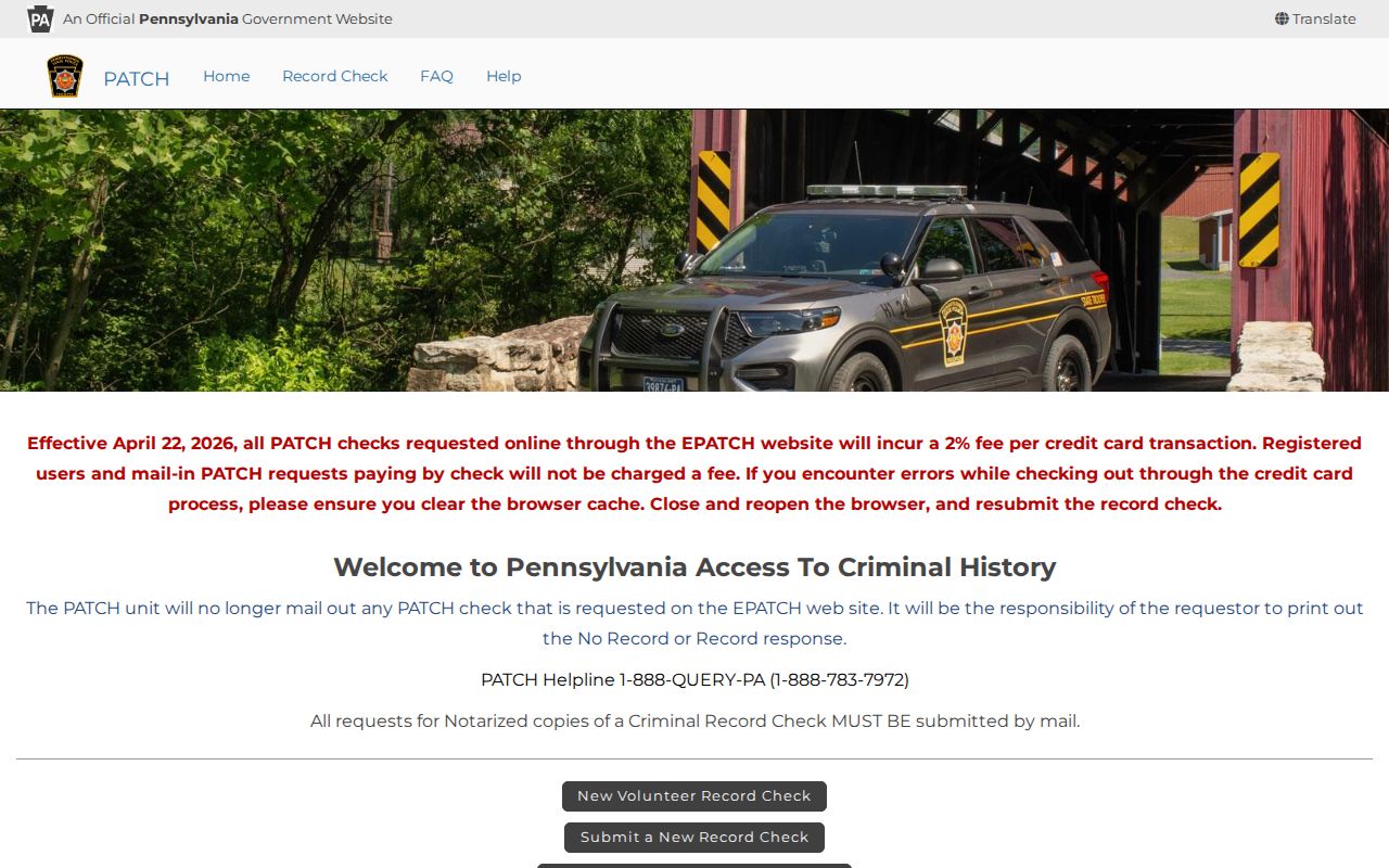 Berks County criminal history PATCH request interface